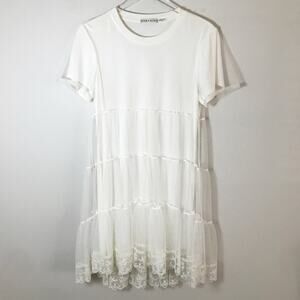 Alice + Olivia White Lace Trim Short Sleeve Top Blouse Crew Neck Women Sz S